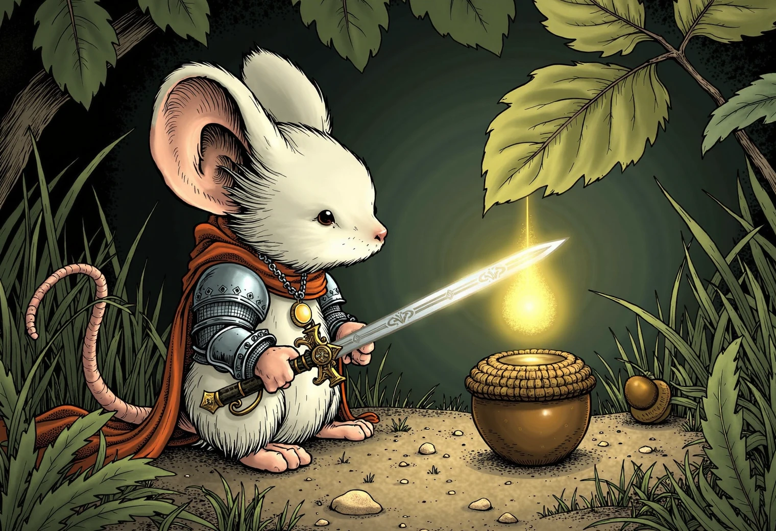 Storybook illustration style with fine line work, muted earthy tones, detailed textures, stylized characters, and soft atmospheric shading, a white mouseguard mouse, in paladin armor, holding a small but sturdy sword, kneeling before a tiny acorn altar under a large leaf, with a glowing pendant hanging from their neck, in a secluded forest glade.
