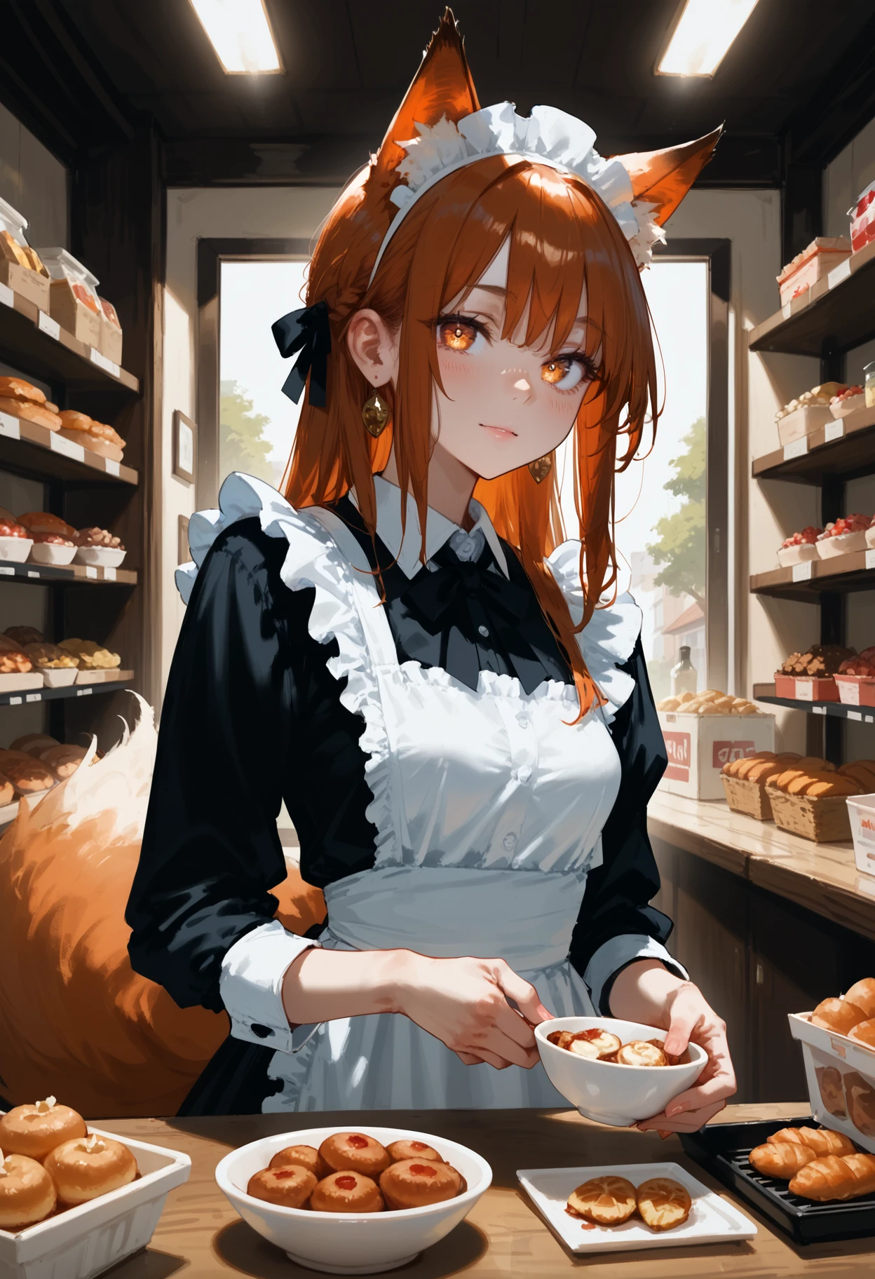 zPDXL2, score_9, score_8_up, score_7_up, uncensored, 1girl, solo, straight on, upper body, fox ears, fox tail, kyuubi, tail, small breasts, animal ear fluff, (ear tufts:1.2), maid, pastry, shop, standing, old shop, old interior, cozy, comfy, soft lighting, warm lighting, looking at viewer, detailed eyes, depth of field, shiny skin