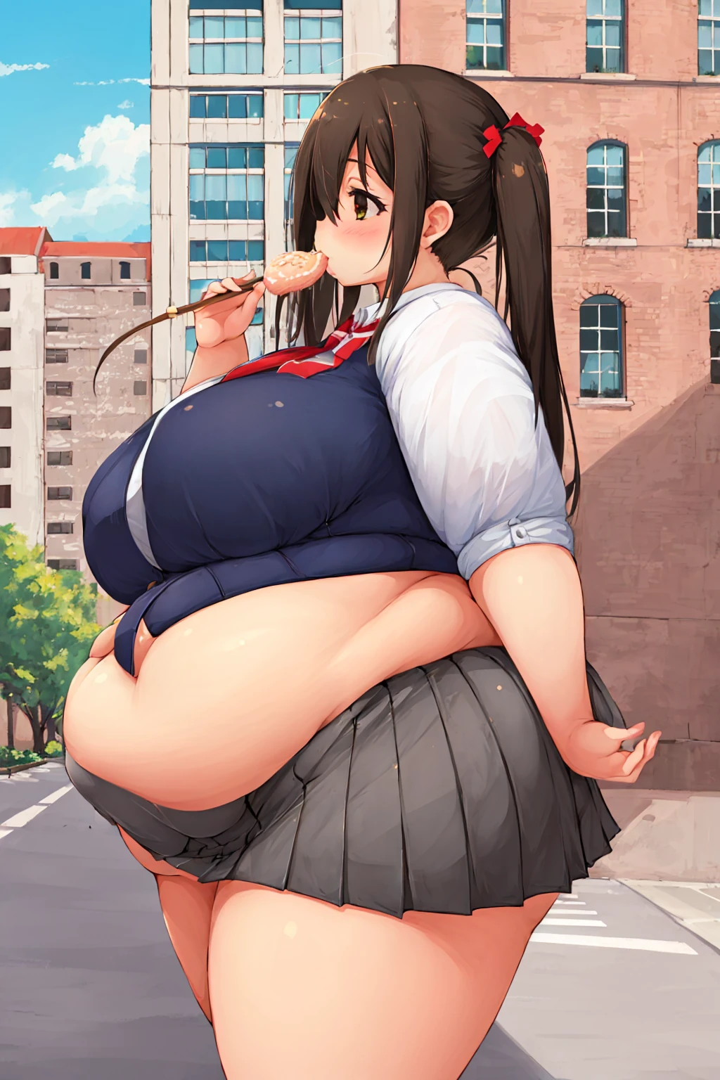 highest quality、masterpiece、((Two high school girls))、High school girl 1:Big Breasts、Huge valley、Huge Ass、massive legs、Thick thighs、obesity、Eating large amounts of junk food、Eating hamburgers and ice cream、excited、High School Girl 2:slim、Carrying food