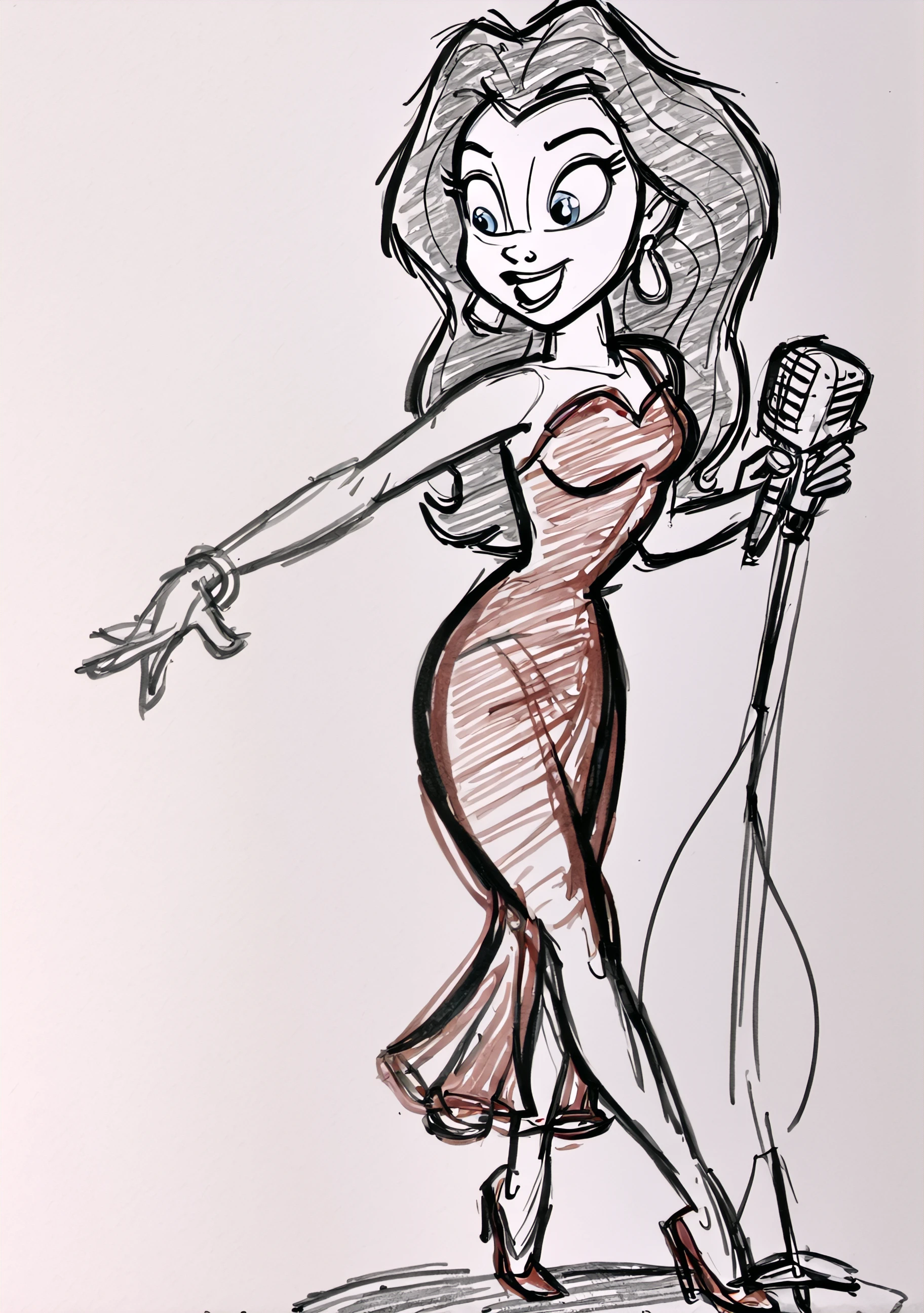 tom bancroft style, 2d drawing, sketch, black and white, full body, Pauline dancing and singing into a microphone, Earrings, makeup, long brown hair, blue eyes, red dress