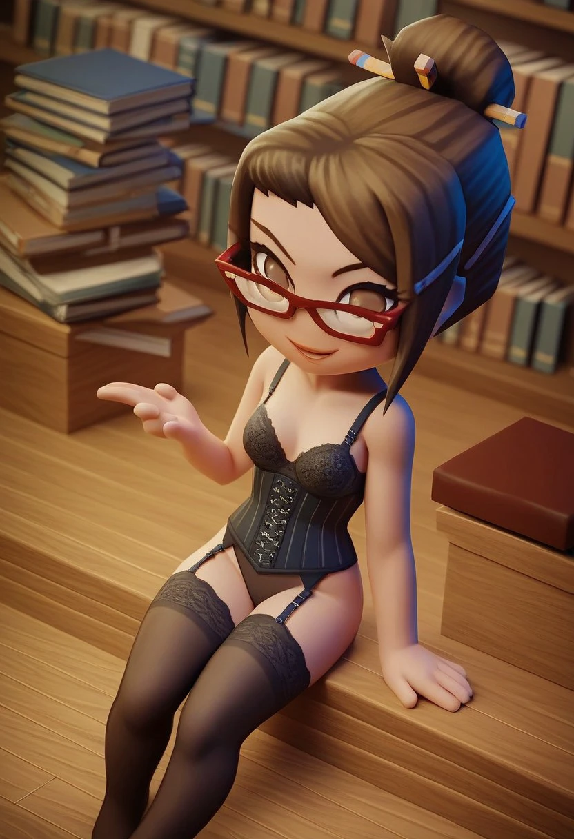 score_9_up, score_8_up, score_7_up, score_6_up, 1girl, solo, elmira_clamp, red-framed eyewear, bra, corset, stockings, single hair bun, hair ornament, chibi, adult, brown eyes, hair stick, sitting in a library, smile, (painted art)