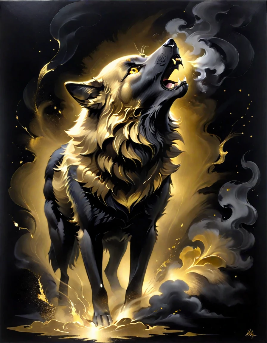 golden-darkness,masterpiece, professional artwork, gold theme, black background, wolf surrounded by smoke <lora:Golden_Darkness_Style_SDXL:0.8>