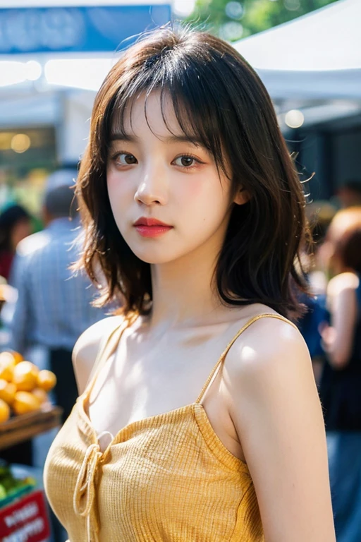 masterpiece, best quality, ultra-detailed, ultra high res, (photorealistic:1.4), raw photo, (realistic:0.2), 8k HDR, realistic lighting, looking at viewer, 1girl, solo, asymmetrical hair, outdoor, sky, (traditional market:1.2), bokeh, (detailed lips), (day), (detailed pores), (detailed skin textures), (detailed face:1.2), (body:1.2), a woman portrait in a sundress, cowboy shot,