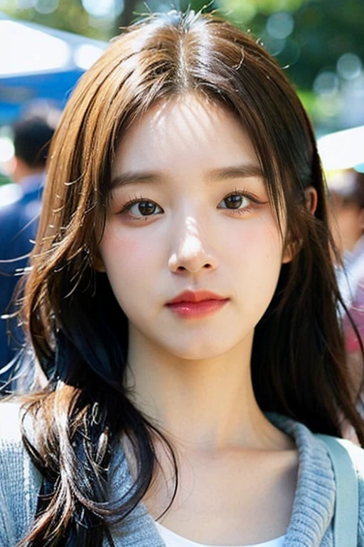 masterpiece, best quality, ultra-detailed, ultra high res, (photorealistic:1.4), raw photo, (realistic:0.2), 8k HDR, realistic lighting, looking at viewer, 1girl, solo, asymmetrical hair, outdoor, sky, (traditional market:1.2), bokeh, (detailed lips), (day), (detailed pores), (detailed skin textures), (detailed face:1.2), (body:1.2), a woman portrait in a cardigan, cowboy shot, thigh gap