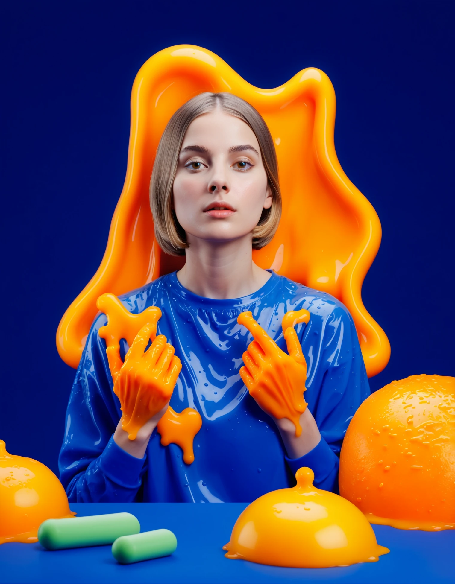 woman covered in orange sticky slime, surrounded by objects, dark blue background <lora:3d-render:1>