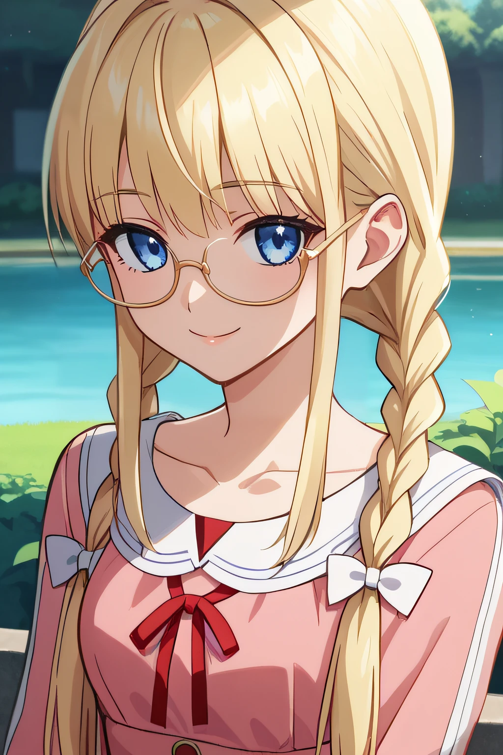 score_9, score_8_up, score_7_up, source_anime, rating_safe, intricate details, anime screencap, official style, 1girl, <lora:Tori:1>, tori, blonde hair, twin braids, glasses, blue eyes, long locks, pink dress, long sleeves, collarbone, red chest ribbon, white hairbows, cowboy shot, looking at viewer, smile, outdoor, five fingers