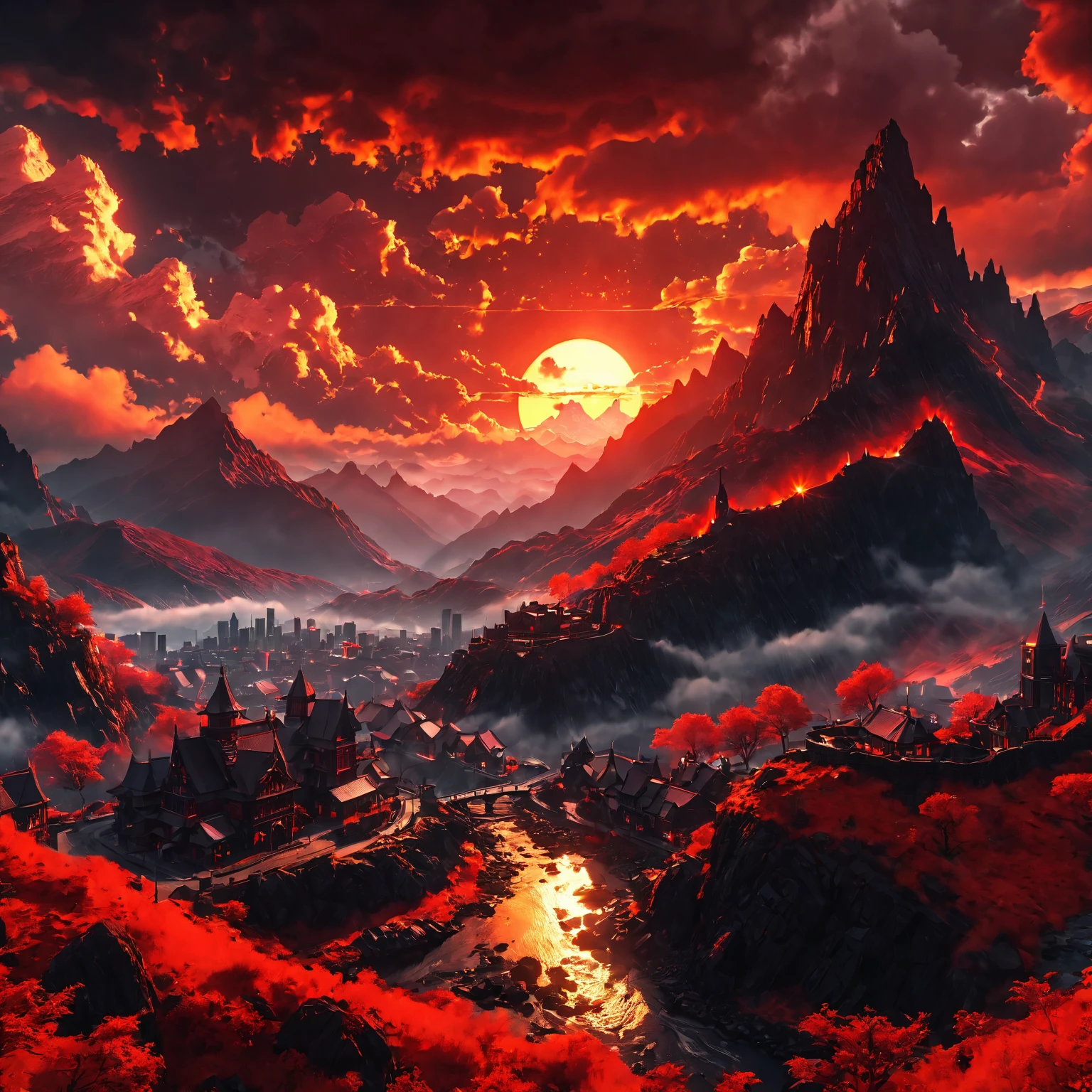 Role-playing game (RPG) style fantasy cityscape, black craggy mountains, red theme, setting sun, cloudy sky, <lora:fireSDXL:1>, elementalplanefire, best quality, masterpiece, 4k, uncensored, prefect lighting, rating_explicit, very aesthetic, detailed, <lora:add_details_xl:0.6>, very detailed, <lora:SDXLHighDetail_v5:0.6> . Detailed, vibrant, immersive, reminiscent of high fantasy RPG games