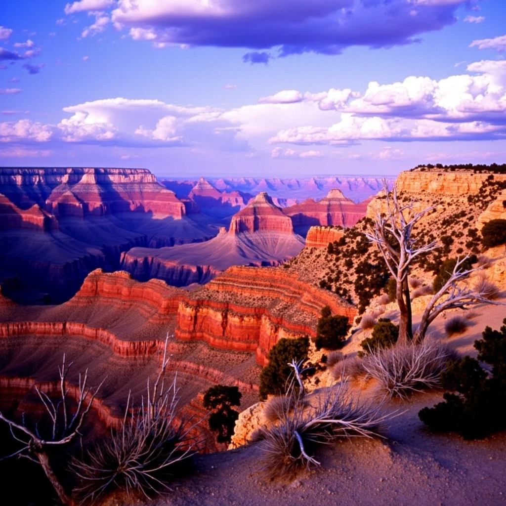 KDCRM vintage analog film photo, film grain, the grand canyon at sunset, sweeping views of the canyon with layers of red and orange rock strata, windswept scraggly trees, deep blue sky with clouds