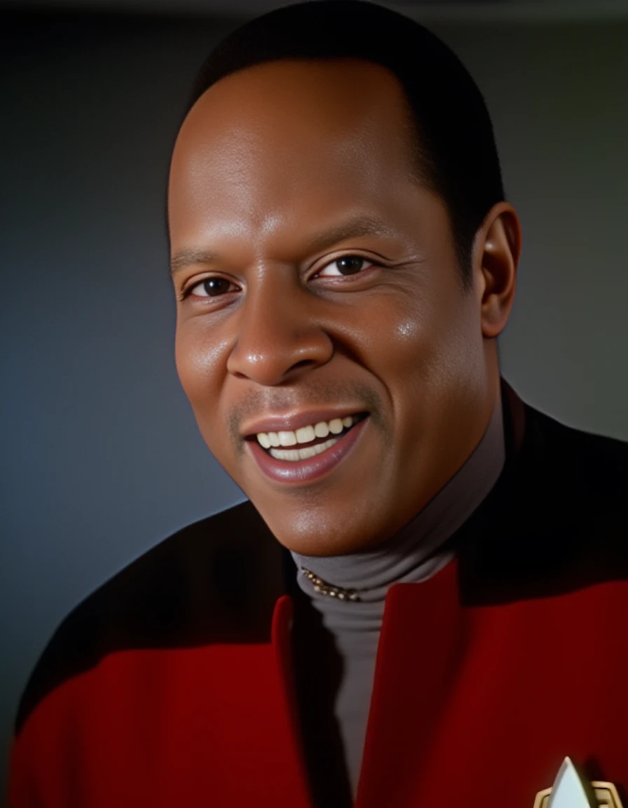 analog film photo <lora:sisko-flux:1.3>captain benjamin sisko a man in a red shirt and black tie looking at the camera with a serious look on his face star trek deep space nine, sensual smile and a joyful expression . faded film, desaturated, 35mm photo, grainy, vignette, vintage, Kodachrome, Lomography, stained, highly detailed, found footage