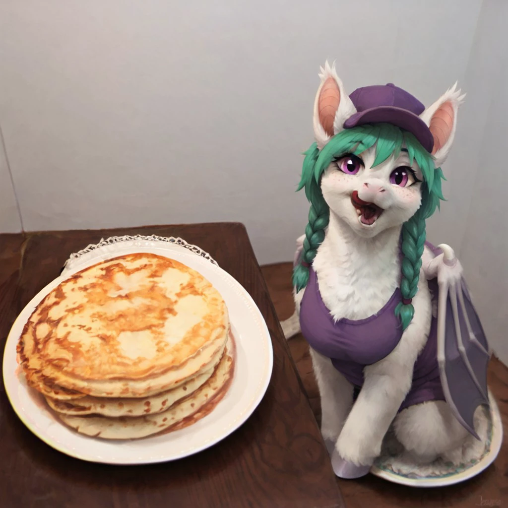 score_9, 2d, solo, female, pony, bat pony, bat wings, white wings, pony head, pony face, white body, purple eyes, green hair, twin braids, purple small hair ties, short hair, purple cap, purple tank top, purple shorts, freckles, mature, looking at you, 25 years old, pancakes, plate, licking lips