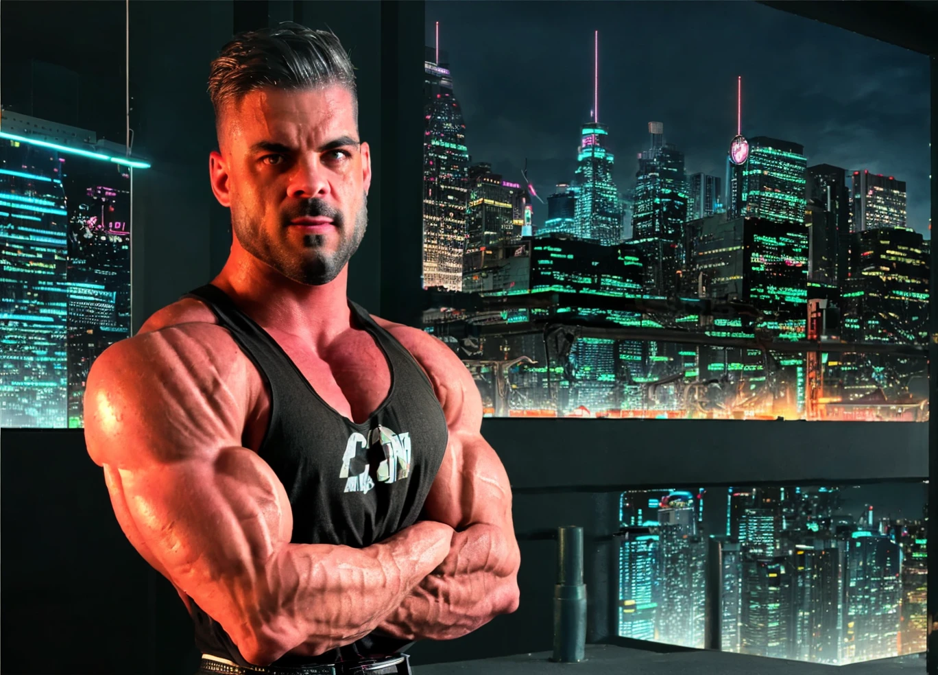 1man, loganfranklin, male focus, facial hair, muscular, black tank top, city in the background, detailed, cyberpunk style, neon lights, night theme, bokeh, 8k, <lora:Logan_Franklin:1>