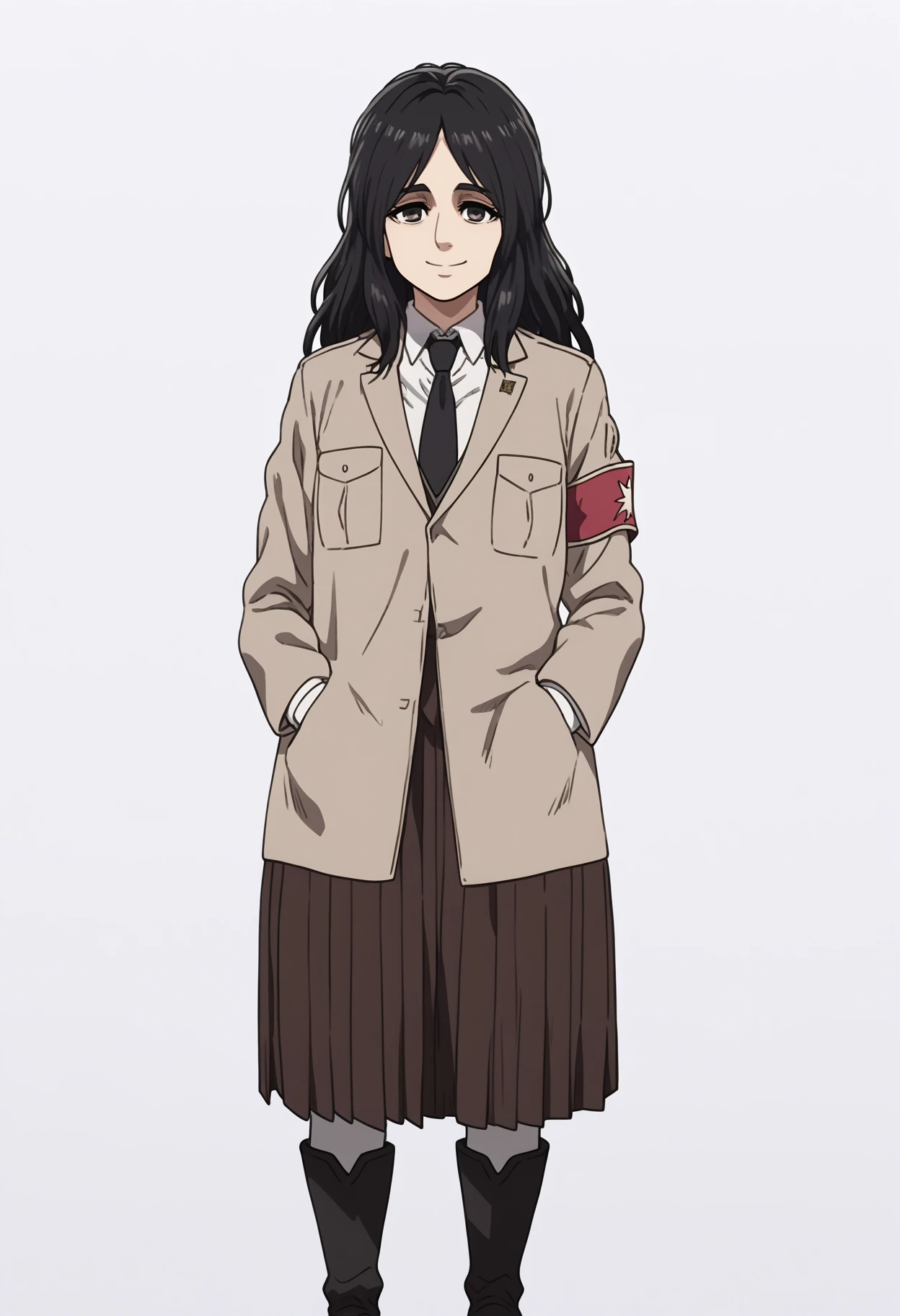 score_9, score_8_up, score_7_up, anime screencap, BREAK
1girl, pieck, pieckeldian, black hair, long hair, black eyes,
armband, breast pocket, brown coat, pleated brown skirt, long skirt,
closed mouth, collared shirt, long sleeves, necktie, boots,
hands in pocket, standing, smile, looking at viewer, solo, simple background, white background <lora:PieckXL:1>