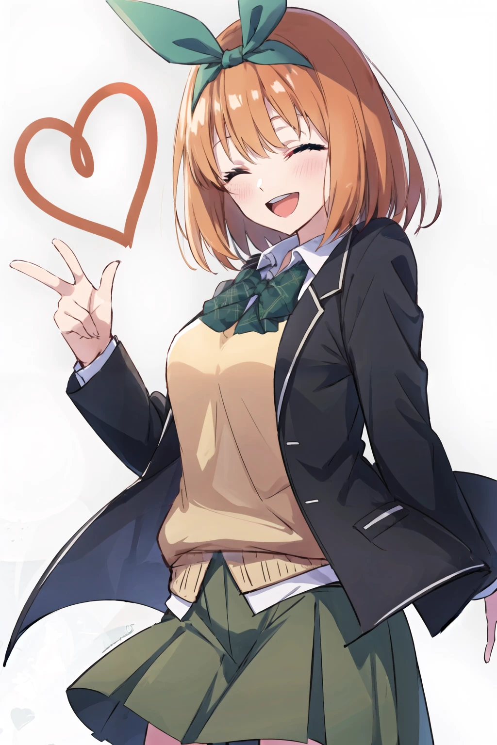 1girl,Nakano Yotsuba,green hairband,orange hair,blue eyes,ribbon,hair between eyes,green ribbon,:d,(one eye closed),smile,
school uniform,shirt,black jacket,green skirt,bowtie,
simple background,white background,cowboy shot,heart,
masterpiece,best quality,<lora:NakanoYotsuba v2.2:0.8>,