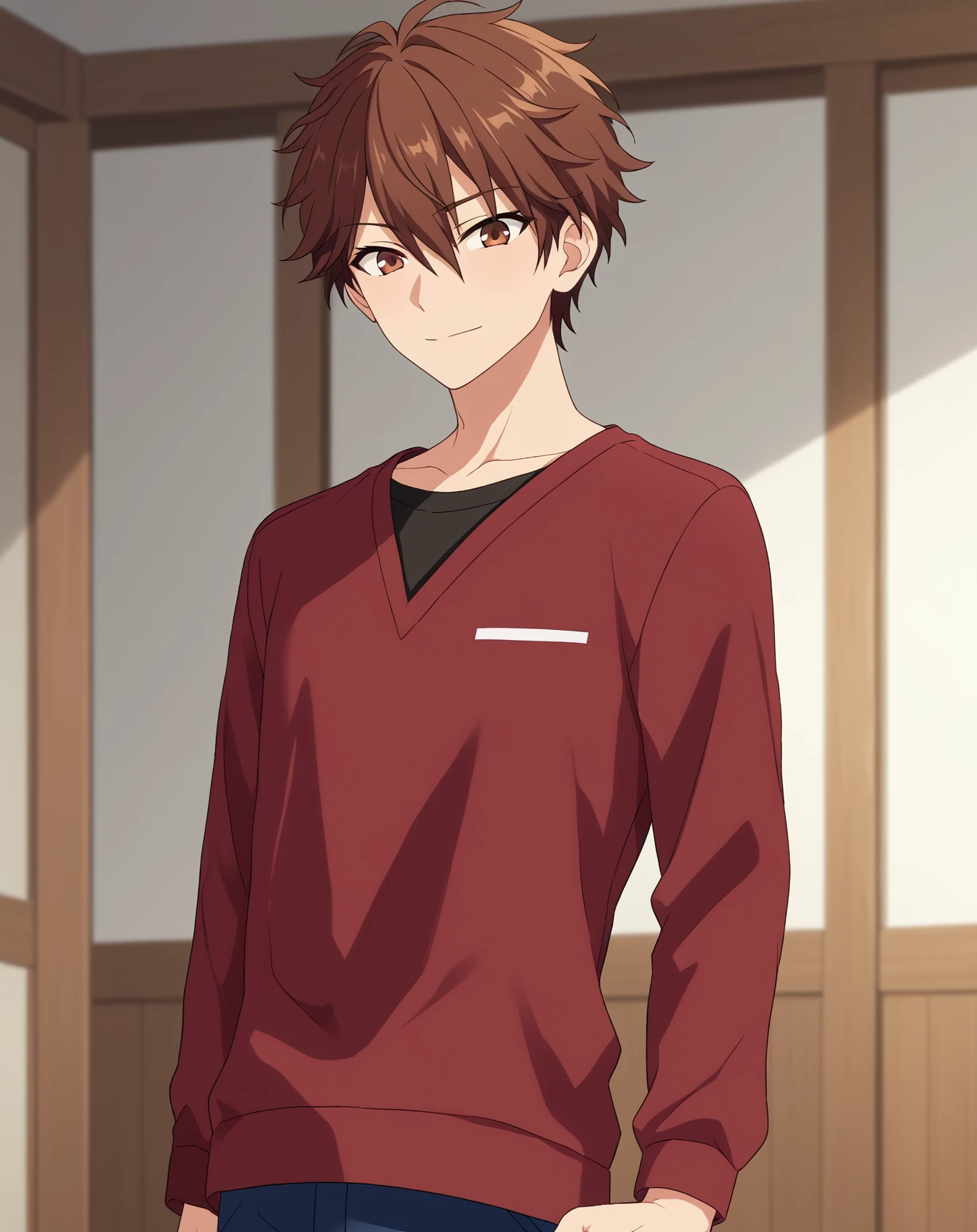 score_9, score_8_up, score_7_up, source_anime, anime screencap, depth of field, rating_safe, BREAK,
1boy, solo, yaoi, male focus,
looking at viewer, cowboy shot, facing viewer,
<lora:morisawa_chiaki_pony:1> morisawa_chiaki_pony, brown hair, brown eyes, short hair, hair between eyes, bangs,
indoors, <lora:age_slider_v4:1.75>