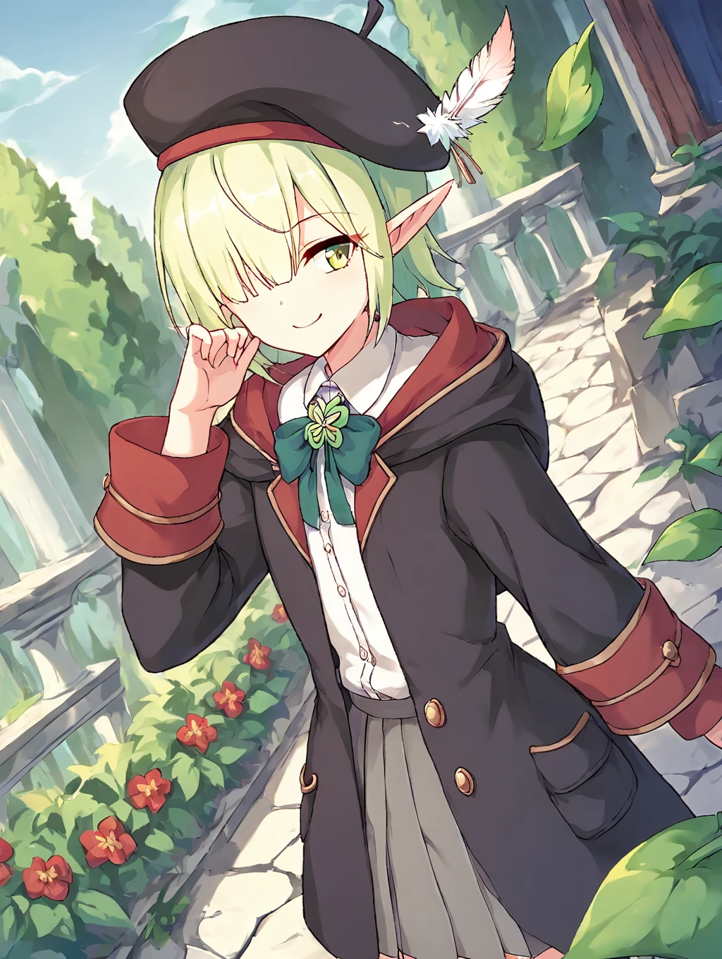 score_9, score_8_up, score_7_up, score_9_up, masterpiece, high quality, highly detailed, source_anime,
1girl, solo, 
botanical garden,
cowboy shot,
 <lora:Aoi_Pony:0.95>aoibase, elf, covered one eye,
aoistudent, beret, hooded coat, school uniform, white shirt, st. theresa's academy school uniform, white feather,
front view, looking aside,darkness, smile, dutch angle,