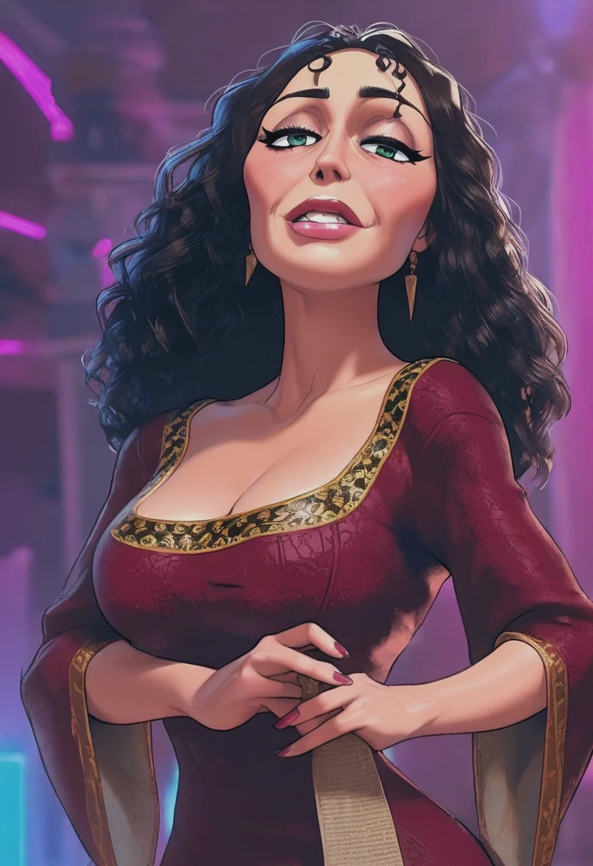 source_anime, score_9, score_8_up, score_7_up, score_6_up, score_5_up, score_4_up, 1girl, mature_female, milf, mother_gothel, portrait, red_dress, long_sleeves, naughty_face, looking_at_viewer, perfect_eyes