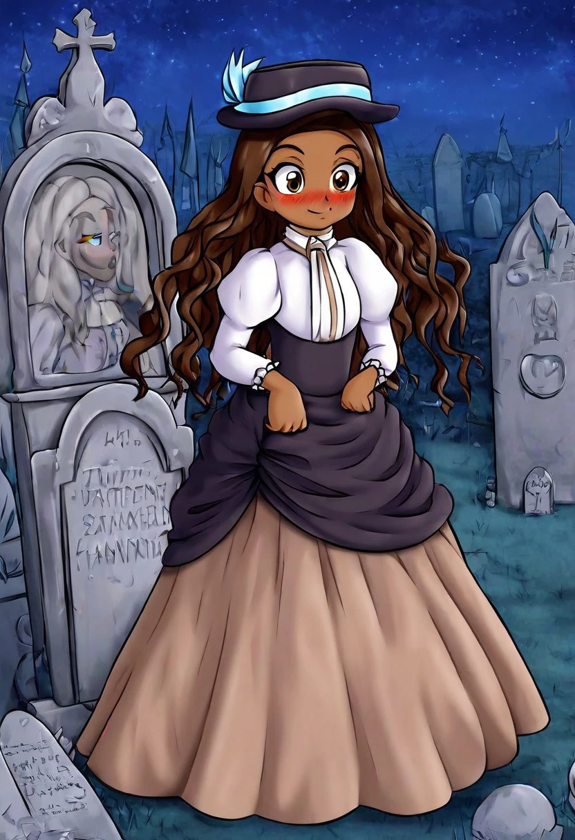 high definition franimel, dress, long hair untill hips, brown skin, blush, hat, dramatic illumination, full body, victorian graveyard, standing aside a tombstone, detailed background, night, play with hair, cute smile