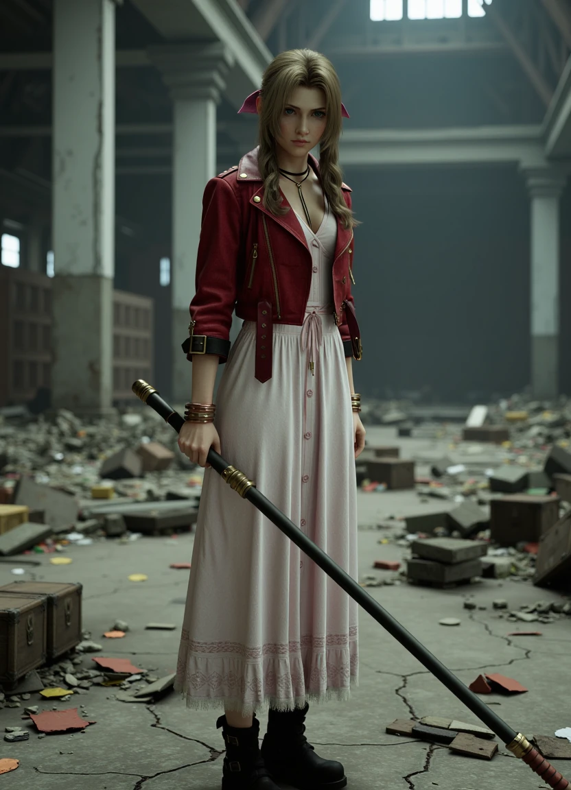 aerith standing in a battle pose, holding a metal bo staff, with a determined look on her face. In the background are the crumbled ruins of a warehouse with cracked concrete floor. Short jacket, long dress.