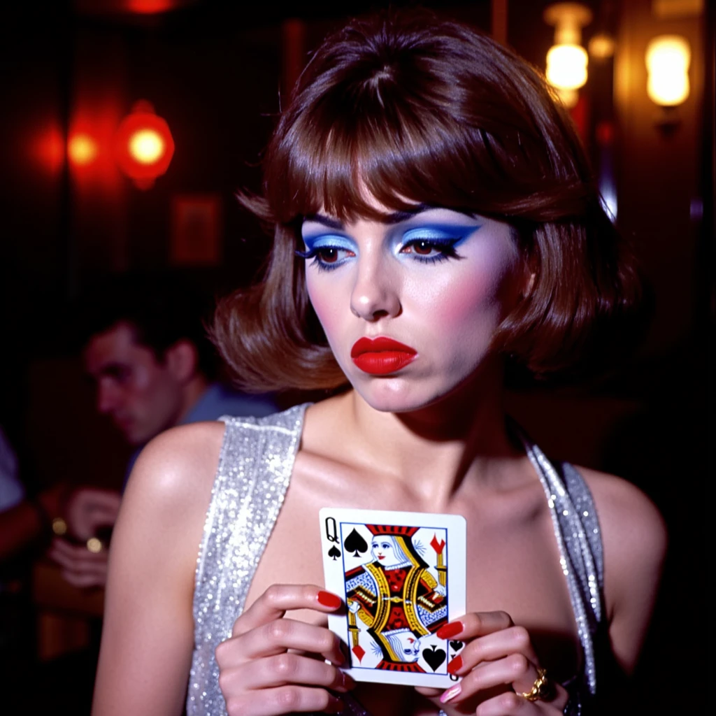 KDCRM vintage photo, sexy young woman wearing a lot makeup blue eye shadow, red lipstick, she has a bored expression and she is holding the queen of spades playing card, she's wearing a fashionable vintage outfit and her hair has bangs, 1980s aesthetic, new york city nightclub interior