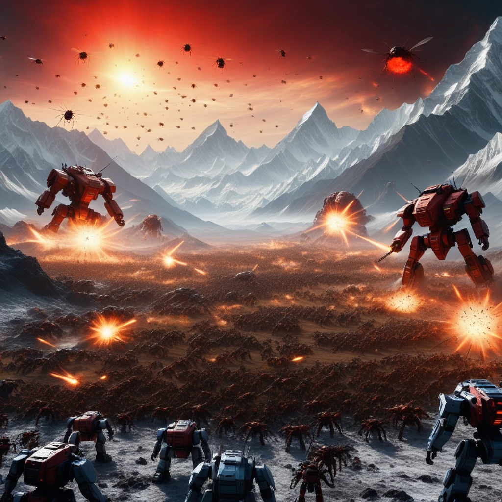 an extreme wide shot of a battlefield between an army of insect like humanoids against an army of mechwarriors, BREAK, there are mountains on the background as high as Mount Everest, a frozen valley, two red suns in the sky, fire and explosions abound, cinematic volumetric lighting, shot with Sony Fx6