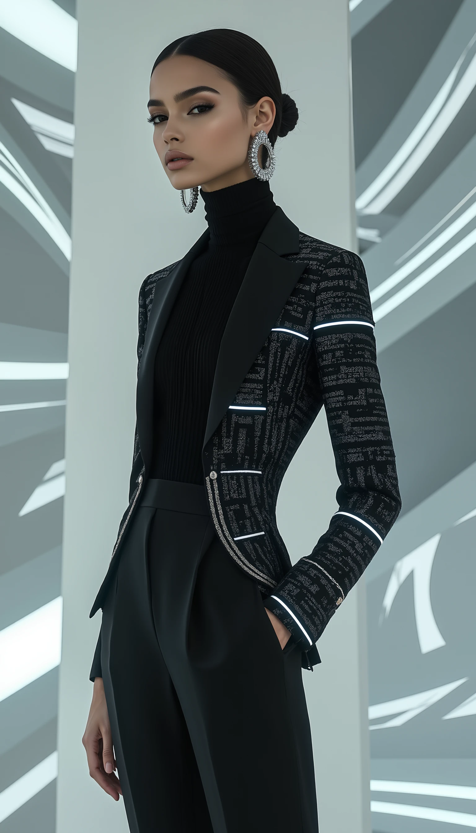 A timeless and elegant fashion editorial, featuring a striking and sophisticated model wearing a tailored, cutting-edge outfit with pronounced futuristic details. The outfit showcases sleek, modern tailoring combined with innovative, high-tech materialsâsuch as holographic fabrics, metallic textures, and translucent panels. The design features minimalist yet bold patterns, geometric cuttings, and cyberpunk-inspired elements, including illuminated accents and tech-integrated accessories. The overall composition is sleek, minimalistic, and polished, exuding an air of unparalleled luxury and avant-garde style. The background remains minimalist but is enhanced with subtle, futuristic elements like abstract digital patterns, soft neon glows, or the faint outline of a sci-fi cityscape, allowing the iconic and captivating model to shine in a resplendent, awe-inspiring pose. <lora:Midjourney_Whisper_Elegance:1>,