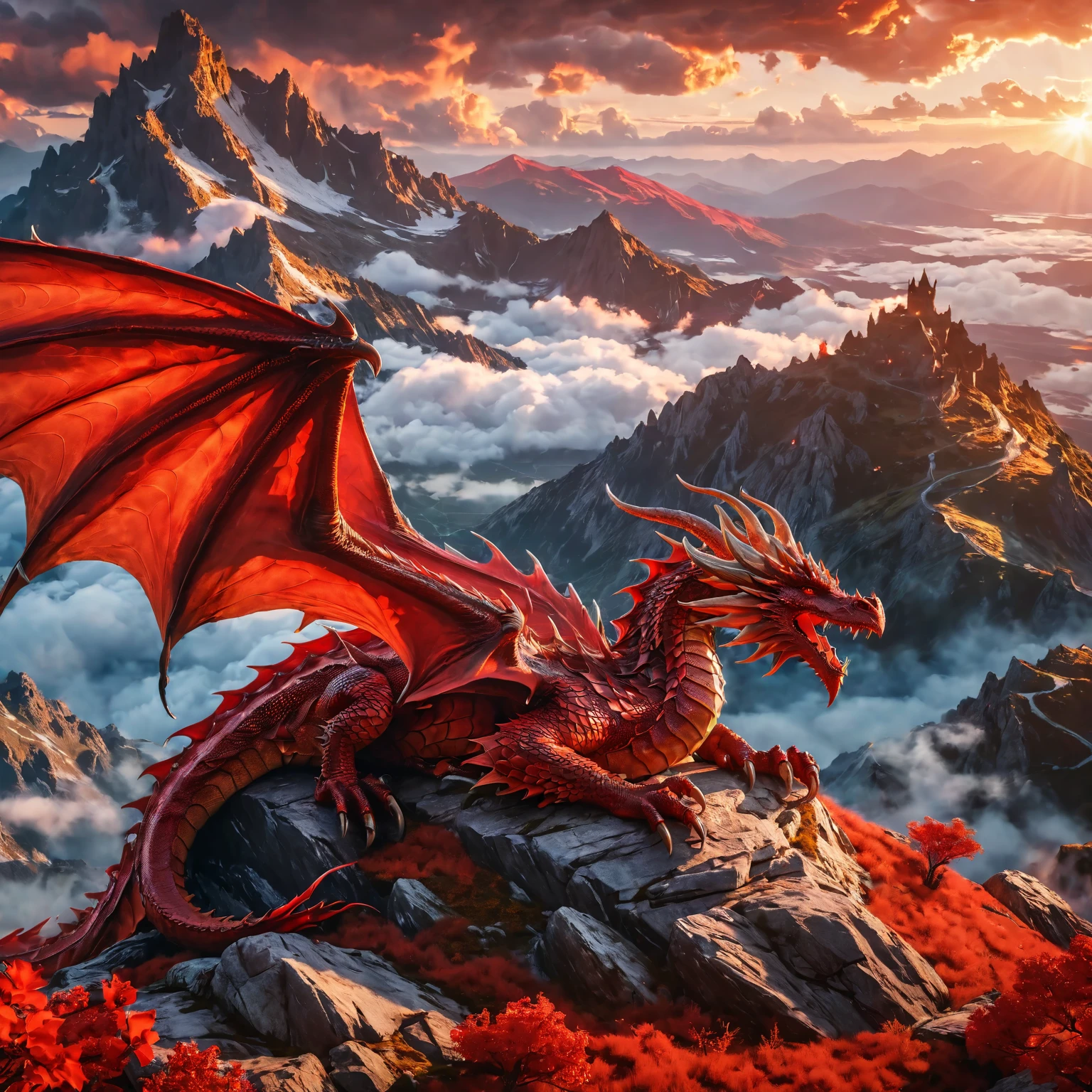 Role-playing game (RPG) style fantasy (a giant winged red dragon), (is curled up sleeping on top of a mountain), red theme, setting sun, cloudy sky, <lora:fireSDXL:1>, elementalplanefire, best quality, masterpiece, 4k, uncensored, prefect lighting, rating_explicit, very aesthetic, detailed, <lora:add_details_xl:0.6>, very detailed, <lora:SDXLHighDetail_v5:0.6> . Detailed, vibrant, immersive, reminiscent of high fantasy RPG games