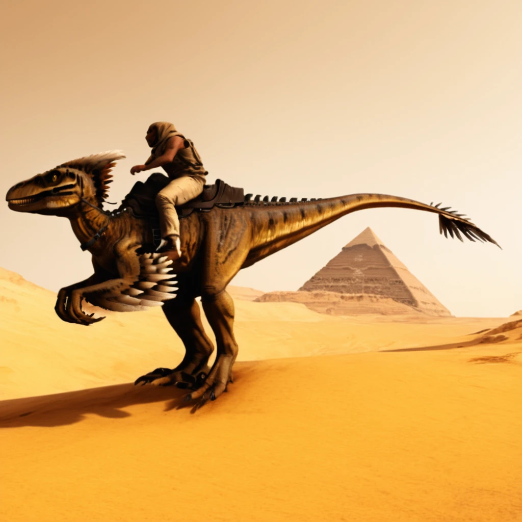 A man riding a raptor, egyptian, desert, pyramid, sci-fi, from the side, running, <lora:Raptor_ark_SDXL-000004:1>