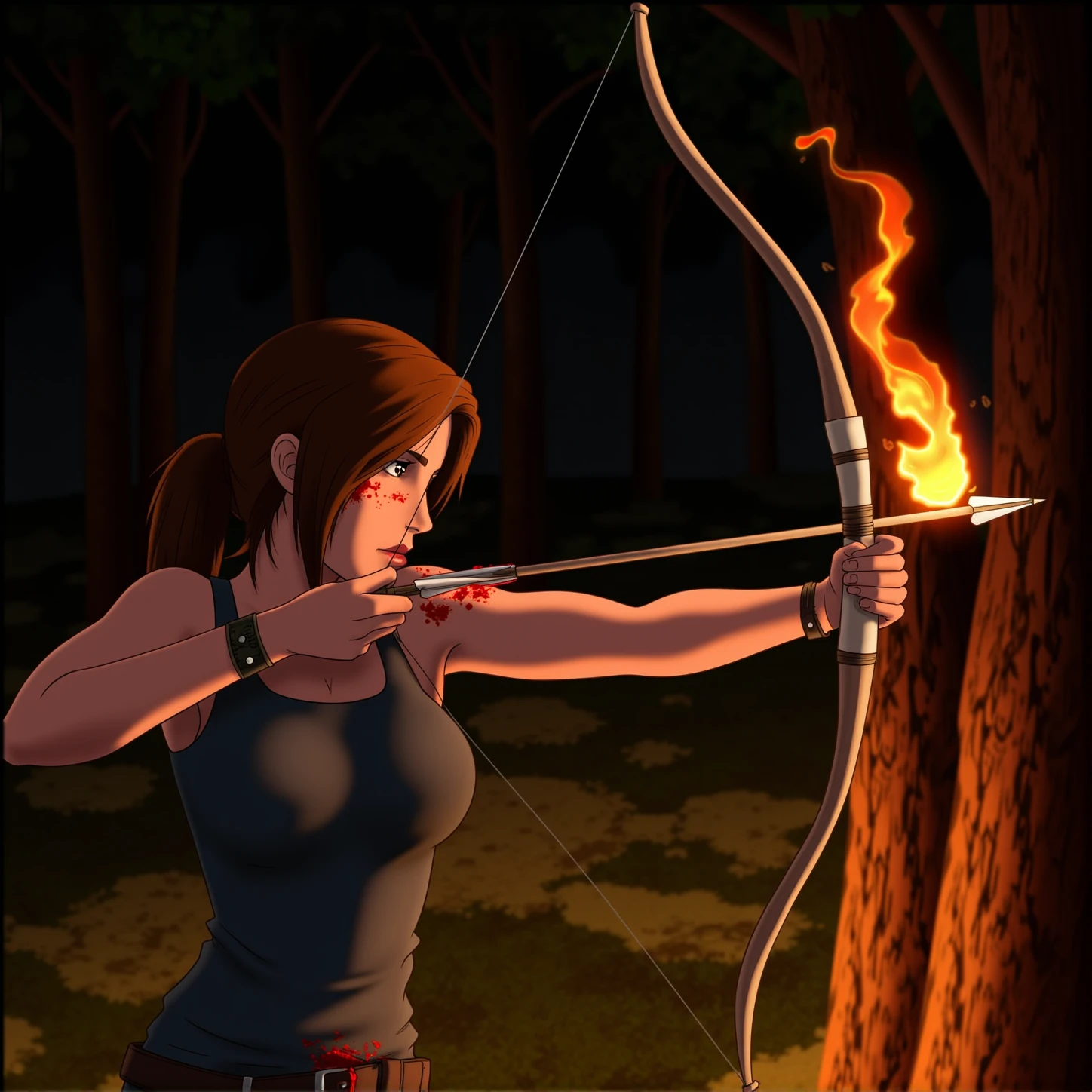 <lora:bow and arrow v1:1>
Archery a side view of a cartoon lara croft a woman aiming a bow and arrow on fire in a forest, 1girl, solo, long hair, brown hair, gloves, brown eyes, ponytail, weapon, holding weapon, tree, blood, fire, nature, forest, watch, bow (weapon), blood on face, arrow (projectile), wristwatch, blood on clothes, holding bow (weapon), aiming, drawing bow, bow to shoot arrows, perfect hands, detailed hands, detailed image, sharp image, perfection, different, tomb raider, holding, night, tank top, holding arrow