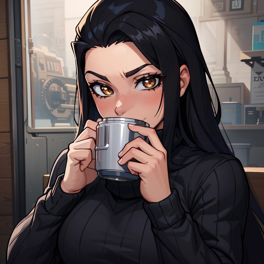 Best_QualityPos, RAW photo, intricate details, best quality, 8k uhd, soft lighting, 1girl, solo, bergifoth, long hair, black hair, brown eyes, black turtleneck sweater, long sleeves, toned  <lora:bergifoth:0.6>