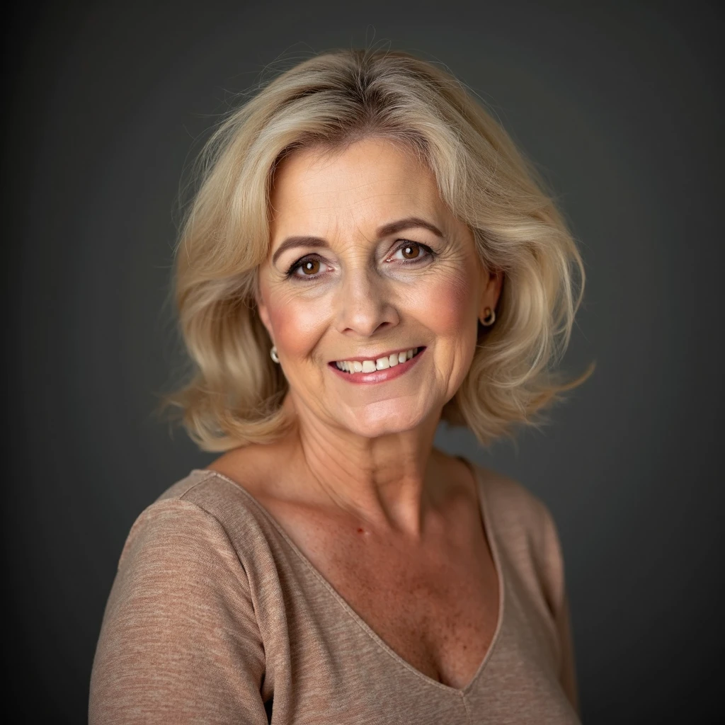 cocode, woman, gilf, pensioner, 60yo, blonde hair, brown eyes, professional studio portrait,