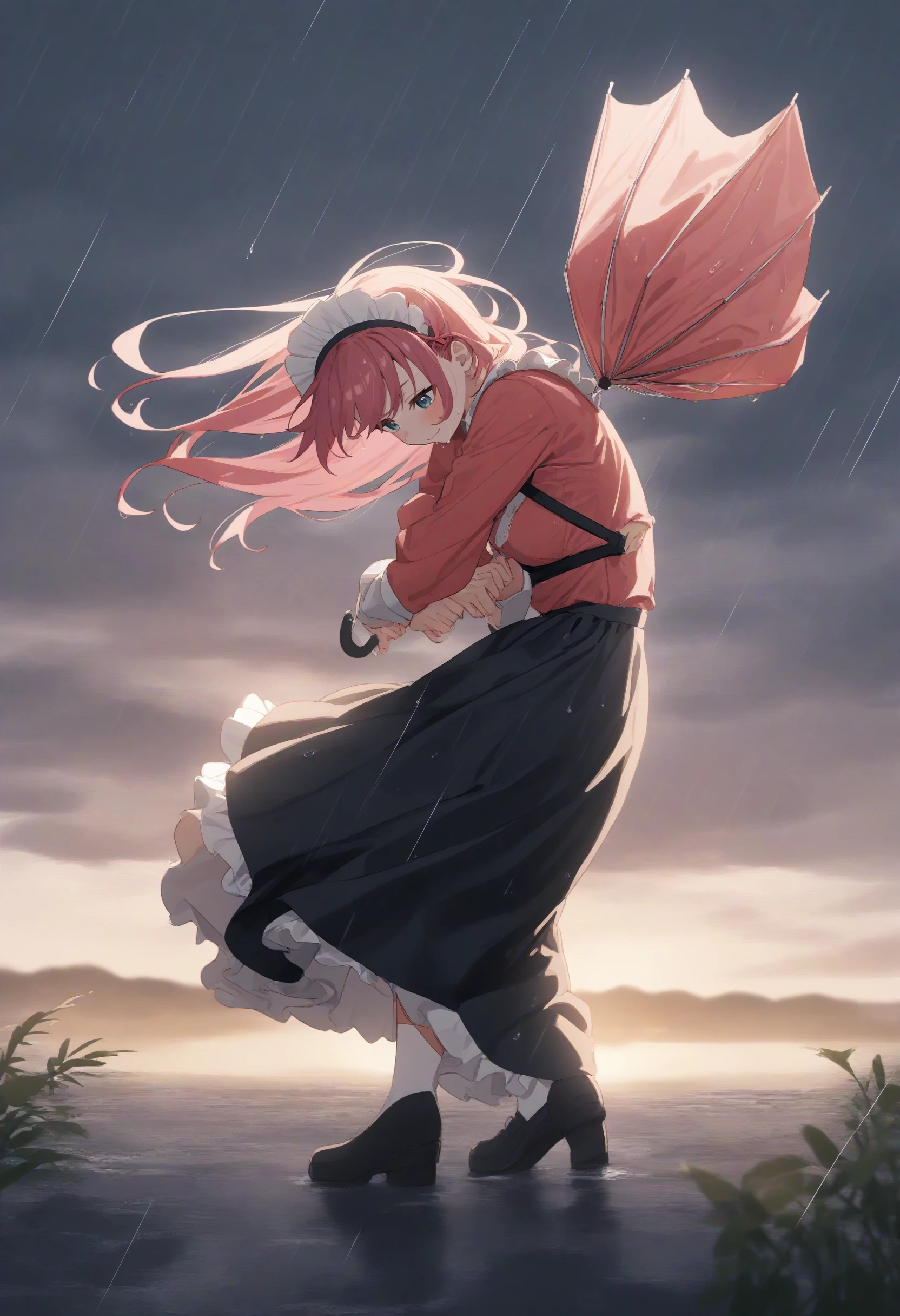 1girl,sincos, ningen mame, toosaka asagi,solo,medium breasts,20yo,maid,maid headdress,
cloudy sky ,floating hair ,leaning to the side,typhoon, storm ,raincoat,broken umbrella,umbrella,holding umbrella,rain,outdoors,wet,wind,wind lift, leaning forward, <lora:brokenumbrella_XL_v1:0.8>
from side, wide shot, looking down, pink hair, white eyes,fingersmile, savannah, closed mouth, bowl cut hair,,
best quality, very aesthetic, absurdres