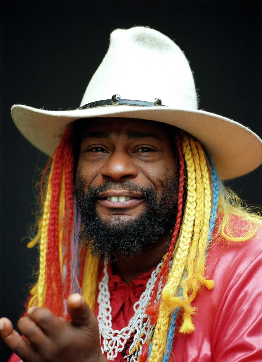 A high-quality photo of George Clinton. He is wearing a white cowboy hat.