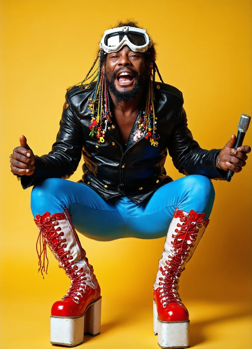 The image is a vibrant, high-resolution photograph of George Clinton in a squatting pose. He is wearing a black leather jacket with gold buttons, bright blue leggings, and knee-high, red and white, shiny leather platform boots. He has long dreadlocks and is wearing white, oversized goggles with a retro-futuristic aesthetic, adding to the overall eccentric and playful vibe of the outfit. He is holding a microphone in his right hand. The person's facial expression is joyful, with a broad smile, emphasizing the exuberance and energy of the scene. The lighting is soft and even, highlighting the textures of the leather jacket and the glossy sheen of the boots. The overall composition is bold and colorful, capturing a moment of lively, expressive performance.