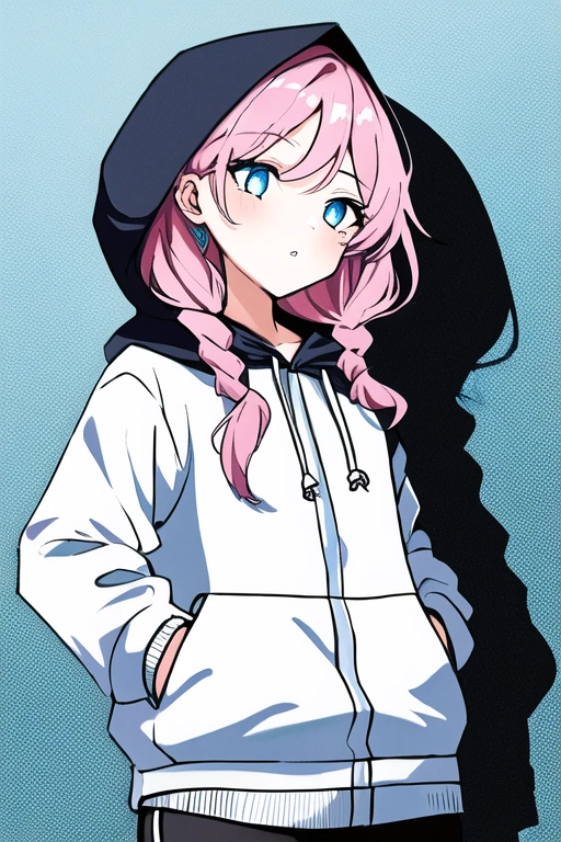 1girl, blue poison,blue hoodie,wearing (hood),pink hair ,blue eyes,(white pupil),black leggings ,parted lips,  cowboy shot, hands in pockets,, masterpiece, best quality,