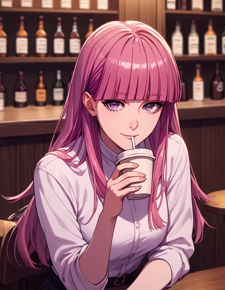 <lora:GoGoLoserRanger:1>score_9, score_8_up, score_7_up, score_6_up, score_5_up, score_4_up, source_anime,  , smile, bar, drinking coffee, sitting,    Angelica, long hair, purple eyes, blunt bangs, pink hair,