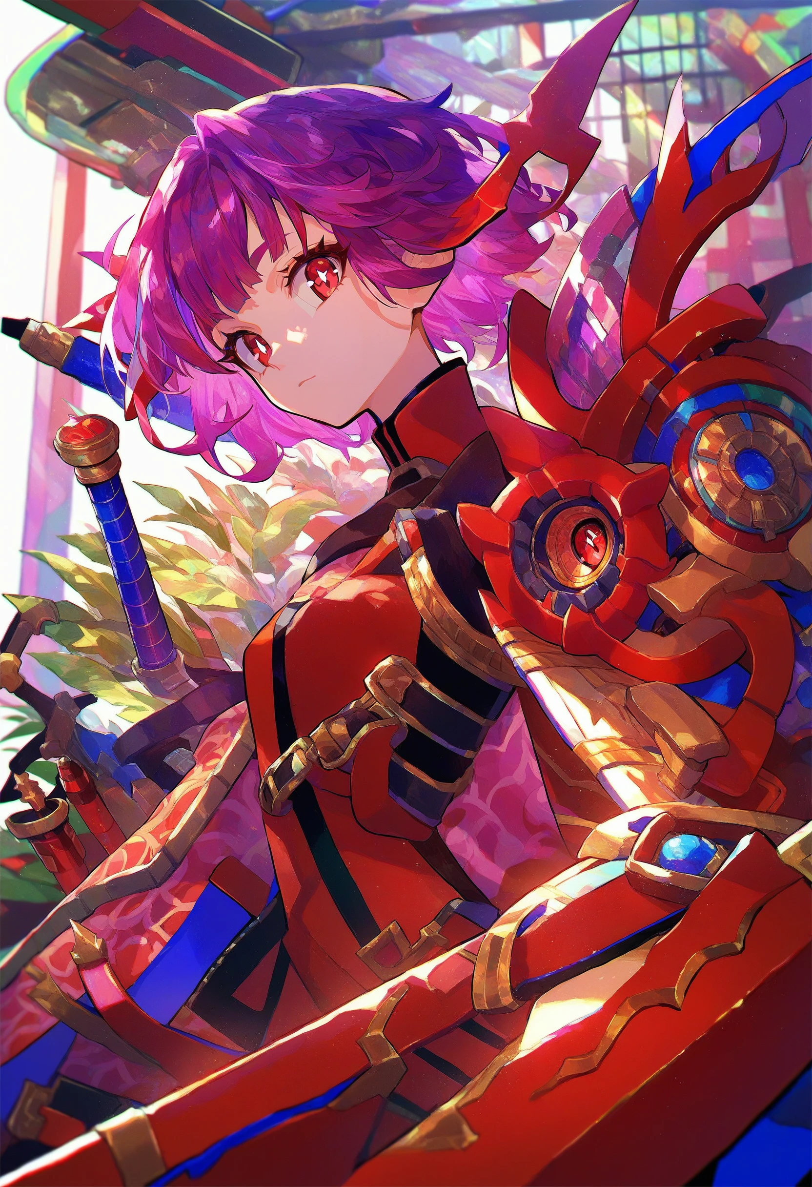 colorful, white background, light, dappled light, red theme, purple hair, red eyes, looking at viewer, symbol-shaped pupils, indoors, furniture, cowboy shot,
score_9, score_8_up, score_7_up, score_6_up, source_anime, absurdres, masterpiece, best quality, very aesthetic
<lora:pony_color_theory_dora_v1:1.1>