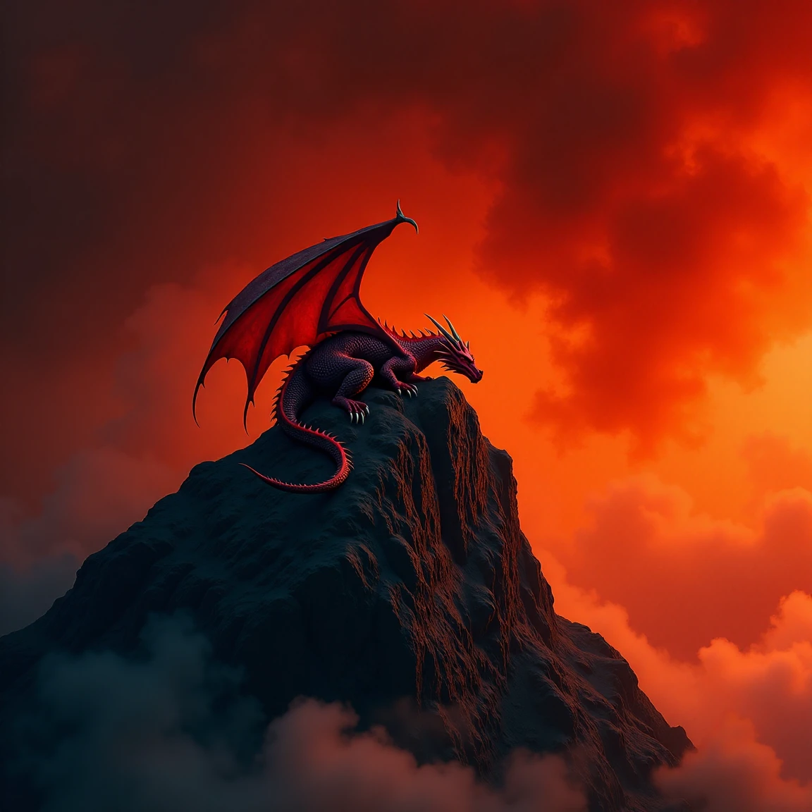 a bright red winged dragon is curled up sleeping on top of a black craggy mountain, there is a great amount of smoke in the air, the sky is a dark red, the scene is reminiscent of the elemental plane of fire from the world of 'Dungeons and Dragons', <lora:Elemental_Planes-Fire:1>