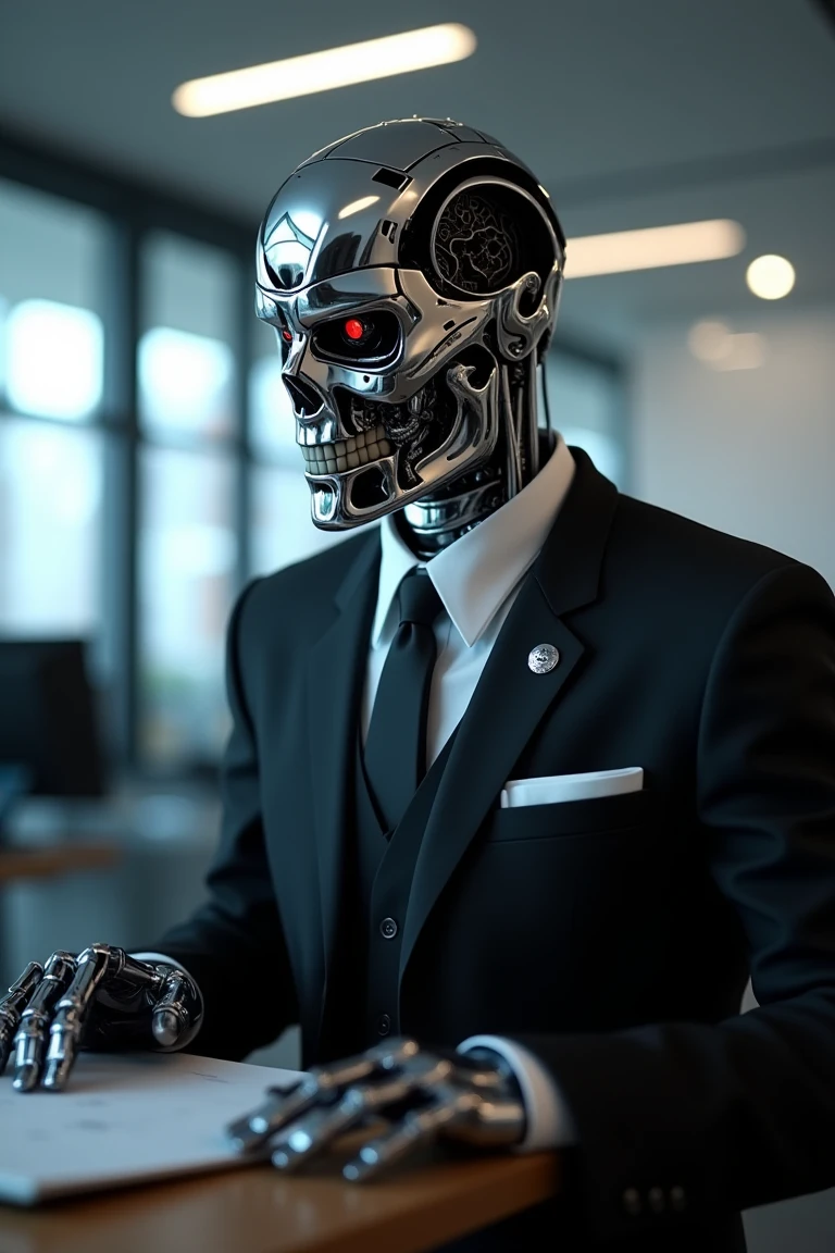 terminator-800,a robot wearing business uniform and working in office