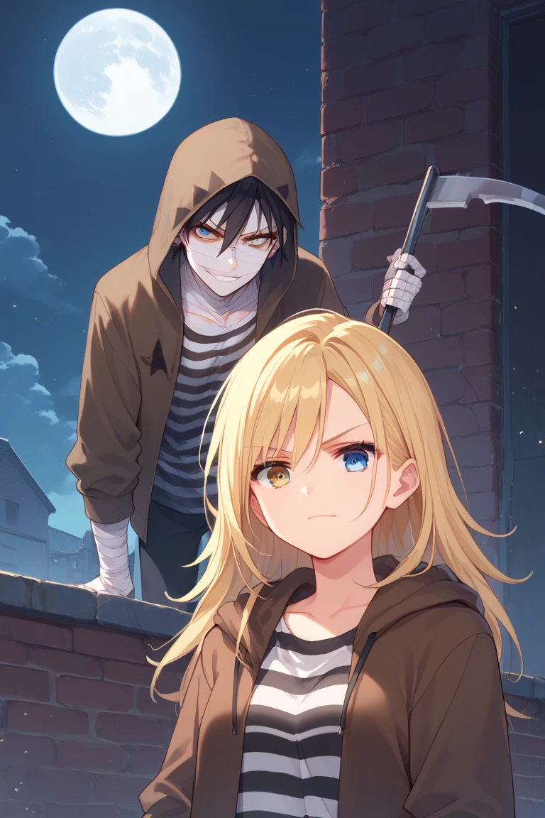 score_9, score_8_up:1.1), score_7_up, rachel gardner, 1girl, blue eyes, striped shirt, jacket, serious, petite, flat BREAK
zack foster, 1boy, bandages, heterochromia, black eye, brown hoodie, bandages, smirk, holding scythe BREAK
rooftop, full moon, moonlight