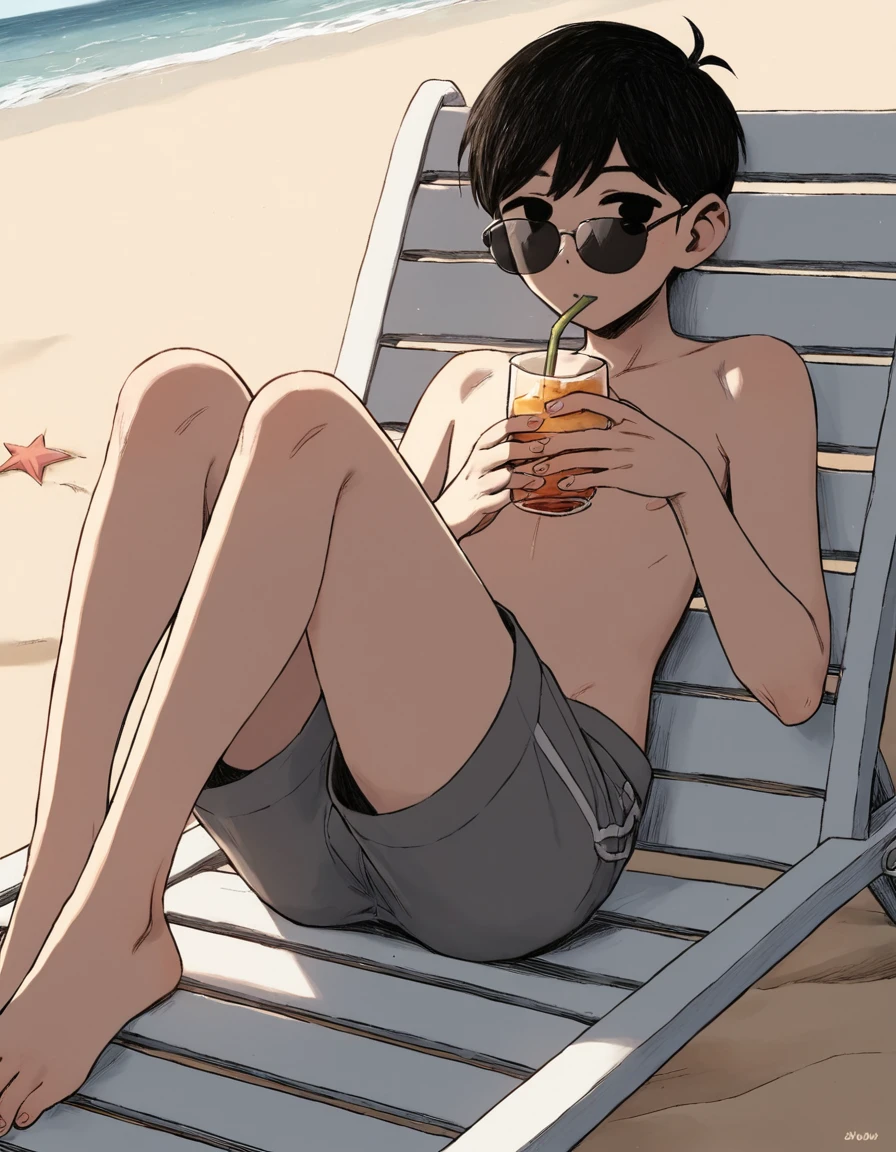 score_9, score_8_up, score_7_up, source_anime, anime illustration, masterpiece, best quality, lots of details, sunny beach, sunny sky, BREAK
1boy, solo, 18 years old, femboy:0.1, adult, sunnyomori, black hair, black eyes, looking at viewer, short hair, no pupils, transparent sunglasses, perfect face, detailed eyes, perfect eyes, sexy, sexy boy, beautiful eyes, perfect cute face, grey swimming trunks, naked, laying on beach chair, cocktail in hand, arching, feet, perfect hands, close up, volumetric lighting, oiled skin, glistening,