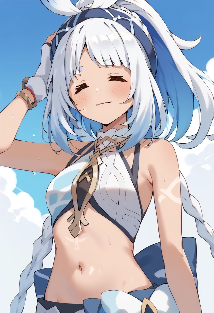 score_9, score_8_up, score_7_up, BREAK
mualani \(genshin impact\), 1girl, solo, closed eyes, hot, summer, navel, wavy mouth, blush, sweat, sweatdrop, very sweaty, blue sky, cloudy sky, sunlight, bare shoulders, upper body, eyebrows visible through hair, white hair, small breasts, thick eyebrows, facing viewer, braided ponytail, bare arms, multicolored hair, very long hair, midriff, wet, single braid, :d, silver hair, ankh, ponytail, crop top, blue hair, stomach, short eyebrows, halter top, halterneck, white gloves, bracelet, fingerless gloves, arms on head, hand in own hair, blue hairband, sidelocks, hair ornament, two-tone hair, tattoo, headband, medium breasts, bikini top, twin braids, headdress, dark-skinned female, keyhole, chain, blue bow, stomach tattoo, headpiece, hair ribbon, on head, arms at sides, parted bangs, white bikini, = =, sleeveless shirt, collar, bodypaint, hair intakes, armpits, colored inner hair, light blue hair, streaked hair, tan, necklace, tanlines, bow hairband, ahoge, high ponytail,
<lora:mualani_genshin_impact_sdxl_locon_pony_v1:0.7>  <lora:ChamElfExpressionPonyXL:1>