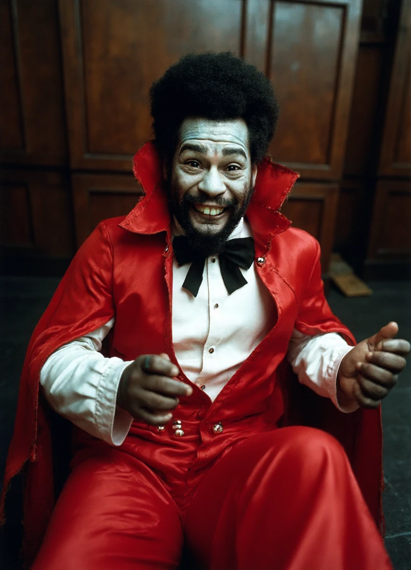 This image is a color photograph featuring of George Clinton as a vampire. The vampire is seated inside a coffin, which is positioned centrally in a dark room. The George Clinton has a pale, greyish face paint and including pointed teeth, and is dressed in a red satin cape, white shirt, and black bow tie. His hands are gripping the edges of the coffin, and his face displays an intense, evil expression.

The overall color palette is dark, with the vampire's red cape contrasting against the white shirt and the dark wooden panels. The texture of the vampire's cape appears smooth and shiny, while the wooden panels have a polished, smooth finish. The image effectively captures the essence of a classic Halloween scene.