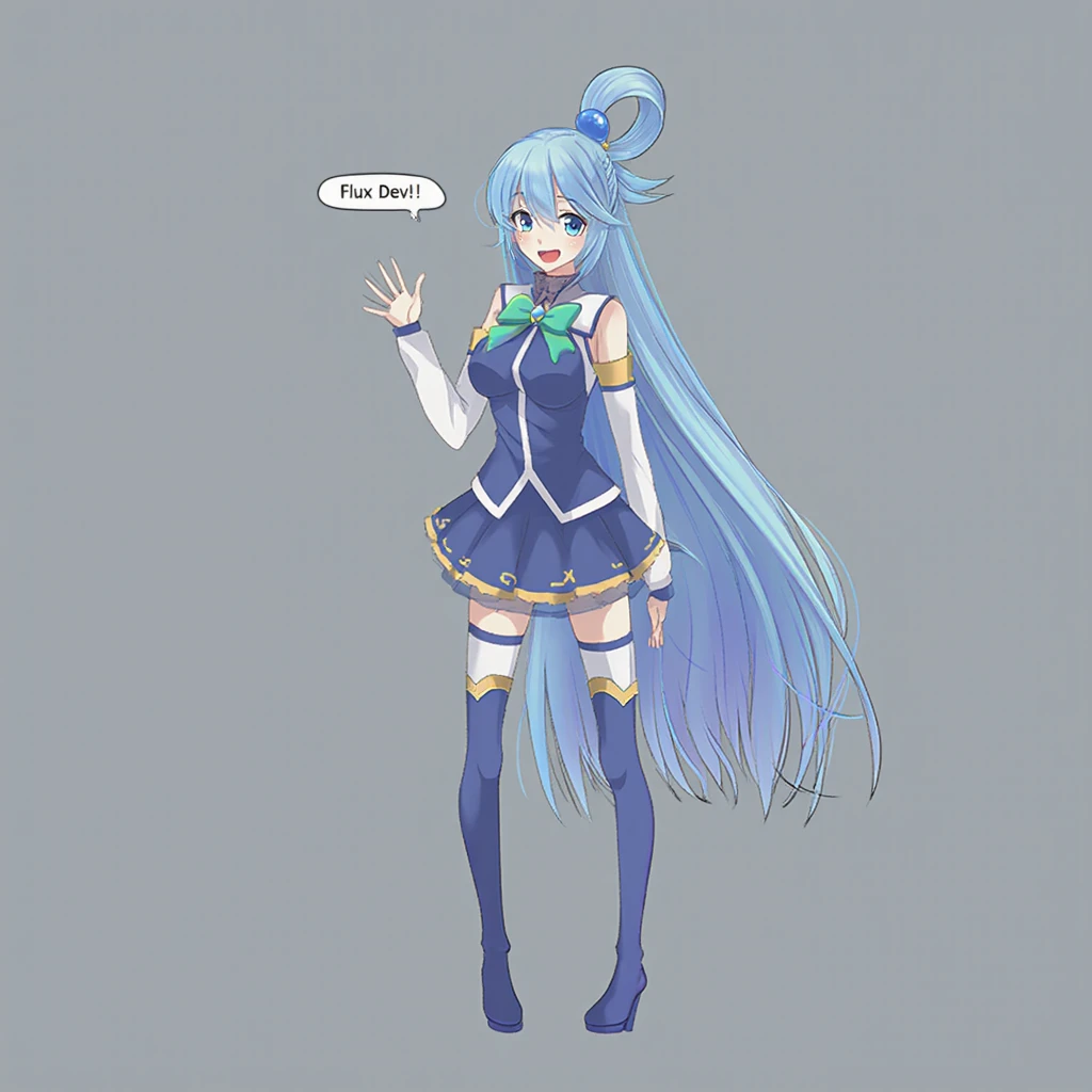 An anime girl standing. She says "Flux Dev!" with a white speech bubble.

aqua \(konosuba\), 1girl, full body, solo, long hair, breasts, looking at viewer, smile, open mouth, blue eyes, shirt, skirt, hair ornament, thighhighs, bow, very long hair, medium breasts, blue hair, detached sleeves, grey background, blue skirt, blue shirt, green bow, hair rings, single hair ring, thigh boots, straight-on, high heels,