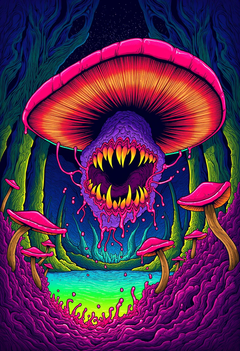 In a surreal, nightmarish forest bathed in an otherworldly glow, vibrant cybergore bioluminescent mushrooms tower ominously, their caps dripping with a toxic, neon-colored ooze. The largest of these mushrooms is a monstrous, twisted entity with gnarled, jagged teeth protruding from its gaping maw, glowing faintly in the darkness. The scene pulses with vibrant, eerie colors—deep purples, sickly greens, and electric blues—creating a sense of creeping horror as the monstrous mushroom looms, exuding a menacing aura that dominates the twisted landscape