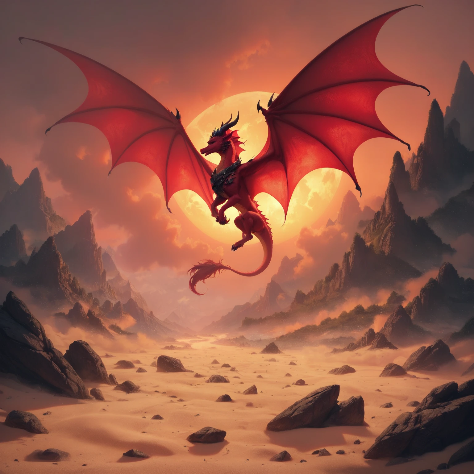 red dragon, flying, red theme, sand, black craggy mountains, black stones, desolate landscape, mountain, setting sun, <lora:ponyfire:1>, elementalplanefire, red dragon, BREAK score_9, score_8_up, score_7_up, best quality, masterpiece, 4k, prefect lighting, very aesthetic, zPDXL2