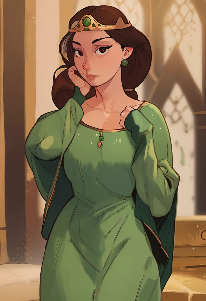 source_anime, score_9, score_8_up, score_7_up, score_6_up, score_5_up, score_4_up, 1girl, mature_female, milf, queen_elinor, green_dress, portrait, looking_at_viewer, perfect_eyes