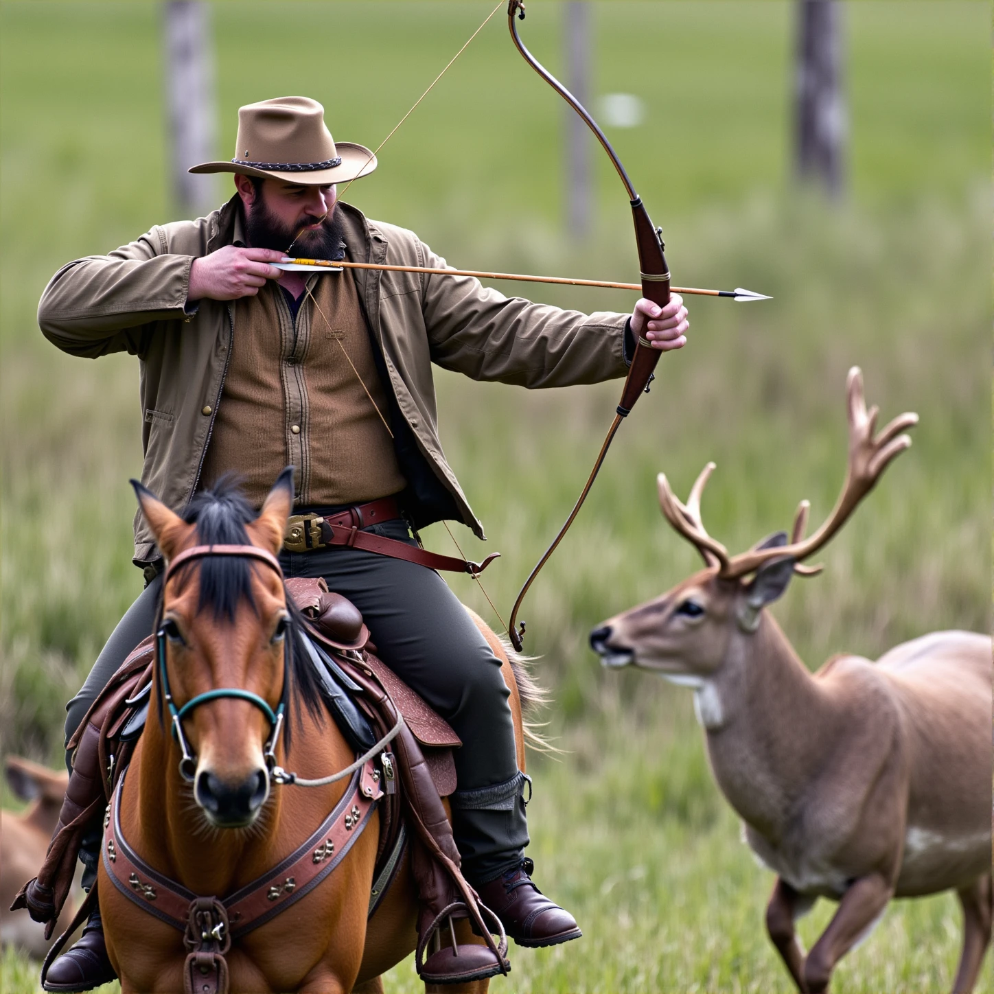 <lora:bow and arrow v1:1>
Archery a cowboy man is riding horse while hunting a deer with bow and arrow, solo, shirt, 1boy, hat, holding, jacket, weapon, male focus, outdoors, day, belt, pants, holding weapon, blurry, tree, gun, facial hair, animal, black pants, holding gun, nature, beard, bow (weapon), arrow (projectile), riding, horse, revolver, aiming, photo background, horseback riding, reins, saddle, bow to shoot arrows, perfect hands, detailed hands, detailed image, sharp image, perfection, different, hunting deer, deer hunter, wild west, long sleeves, boots, black footwear, vest, blurry background, rifle, brown jacket, brown belt, brown vest, cowboy hat, cowboy western, cowboy boots