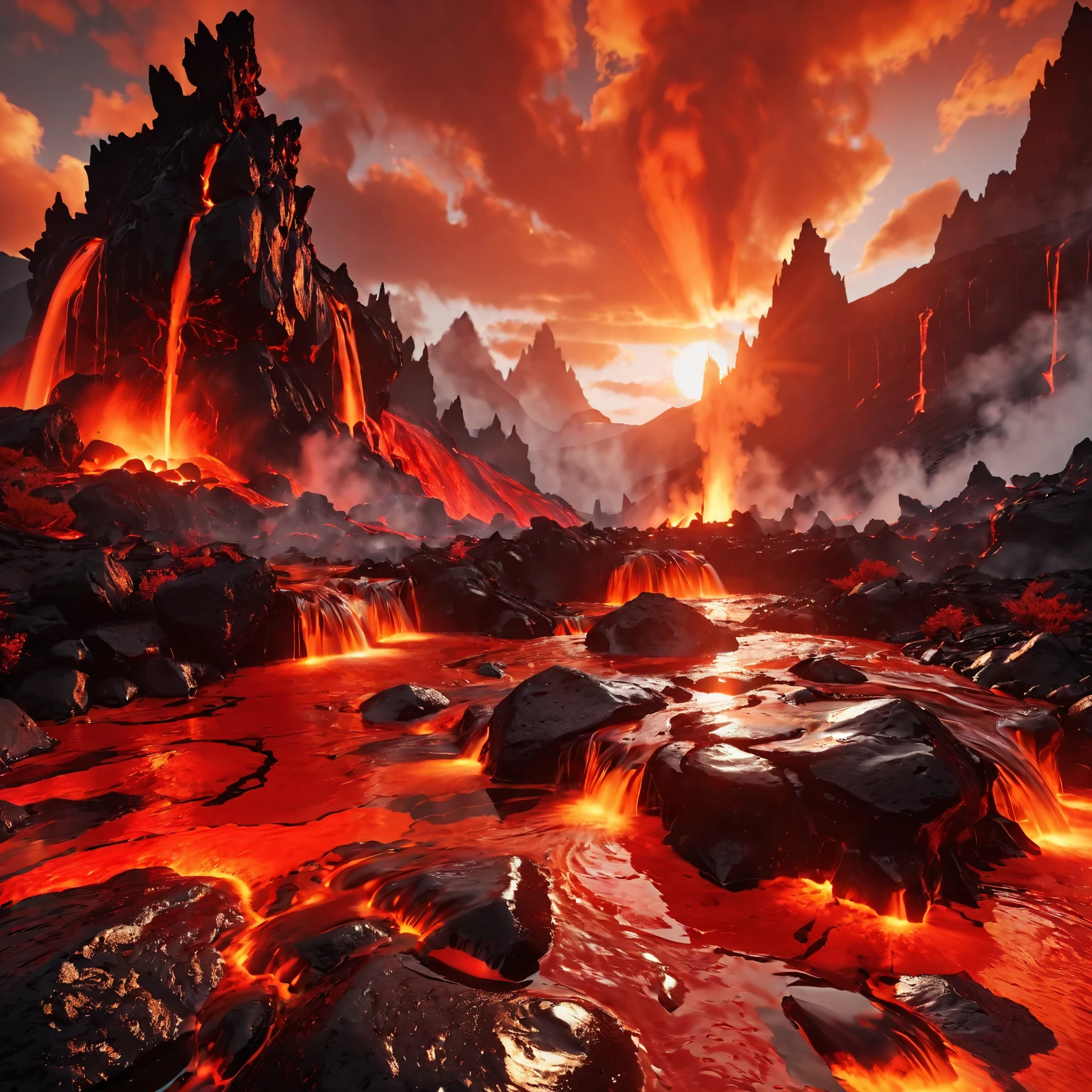 Role-playing game (RPG) style fantasy lava, lava geyser, red theme, setting sun, craggy black mountains, black rocks, desolate landscape, <lora:fireSDXL:1>, elementalplanefire, best quality, masterpiece, 4k, uncensored, prefect lighting, rating_explicit, very aesthetic, detailed, <lora:add_details_xl:0.6>, very detailed, <lora:SDXLHighDetail_v5:0.6> . Detailed, vibrant, immersive, reminiscent of high fantasy RPG games