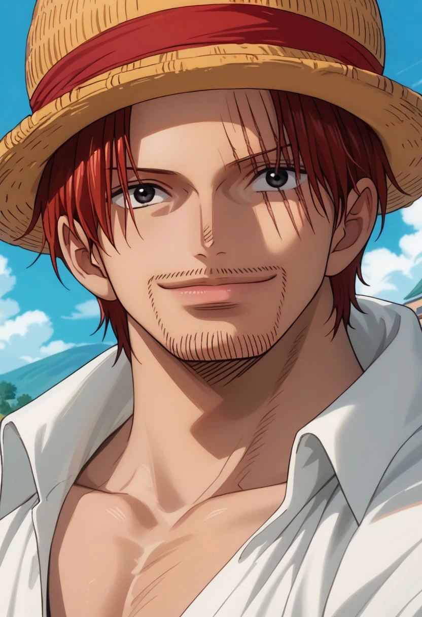 score_9, score_8_up, score_7_up, source_anime, rating_safe, ShanksOP, yellow-red_Shanks_straw hat, red_Shanks_hair, black_Shanks_facial hair, dark brown_Shanks_scar across eye, hair over scar, black eyes, 1boy, male focus, anime screencap, smile,