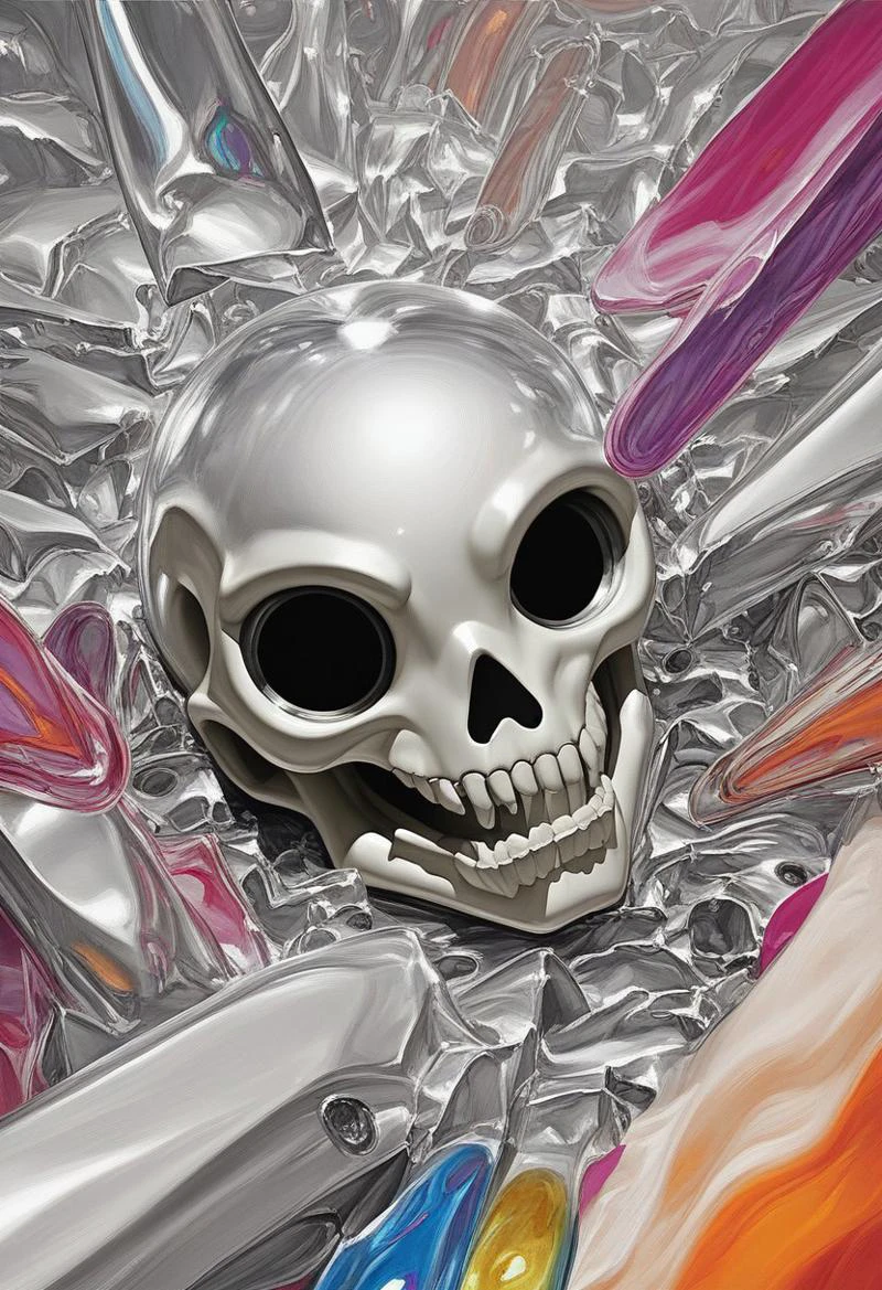 surreal, skull woman, portrait, high detail, chrome, plastic, painting by Hajime Sorayama, insane background